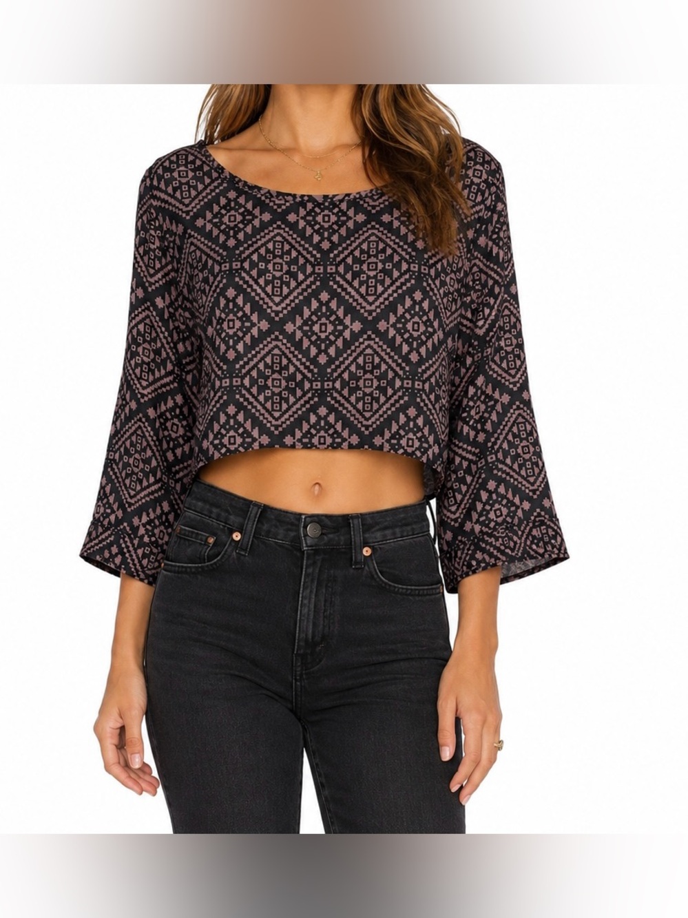 Lola Geometric Boho Bell Sleeve Crop Top Black Mauve Size M
